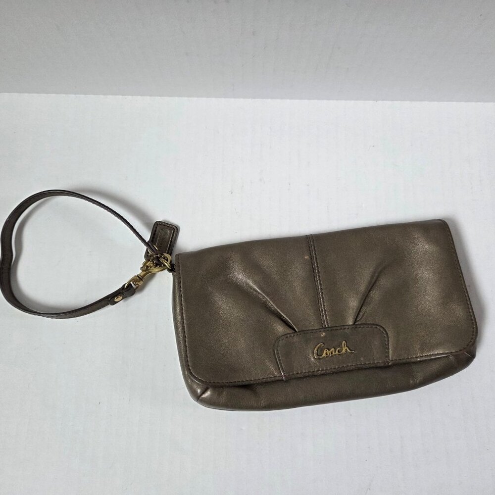 Coach Ashley Bronze Metallic Leather Large Flap Wristlet Wallet READ